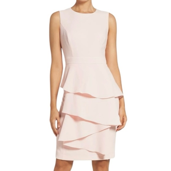 Eliza J Ella Ruffle Cascade Crepe Sheath Short Dress in Blush Pink Size 10 - Picture 1 of 8